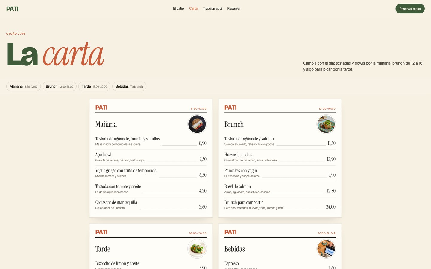 Pati menu designed as printed sheets